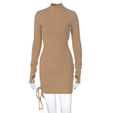 Ribbed Stripe Mini Dress Drawstring Lace Up