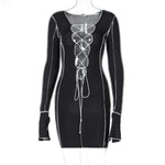Lace Up Deep V Neck Ribbed Long Sleeve Bodycon Dresses : ADOREME
