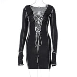 Lace Up Deep V Neck Ribbed Long Sleeve Bodycon Dresses : ADOREME