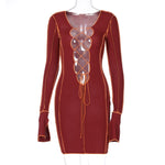Lace Up Deep V Neck Ribbed Long Sleeve Bodycon Dresses : ADOREME
