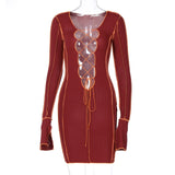Lace Up Deep V Neck Ribbed Long Sleeve Bodycon Dresses : ADOREME