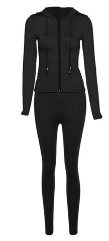 Long sleeve hooded zipper pocket sporty Jackets leggings sets