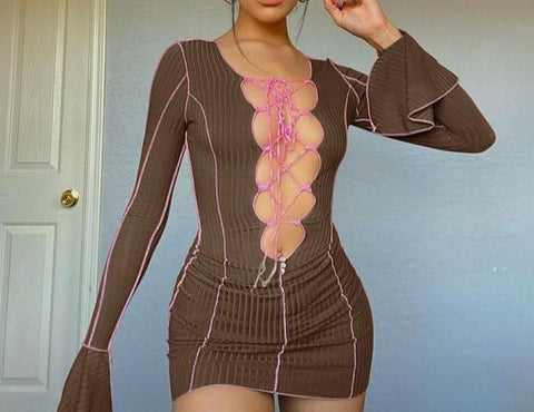 Lace Up Deep V Neck Ribbed Long Sleeve Bodycon Dresses : ADOREME