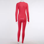 V-neck Button Long Sleeve Slim Bodycon Casual S Letter Embroidery