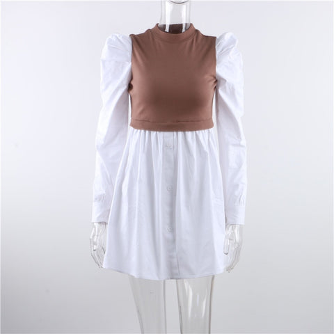 Patchwork Puff Sleeve Sexy Mini Dress