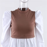 Patchwork Puff Sleeve Sexy Mini Dress
