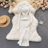 Knitted Dress Long Sleeve V Neck Elastic Slim Pencil Dress
