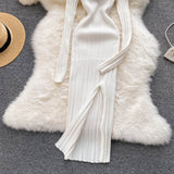 Knitted Dress Long Sleeve V Neck Elastic Slim Pencil Dress