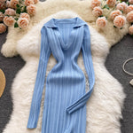 Knitted Dress Long Sleeve V Neck Elastic Slim Pencil Dress